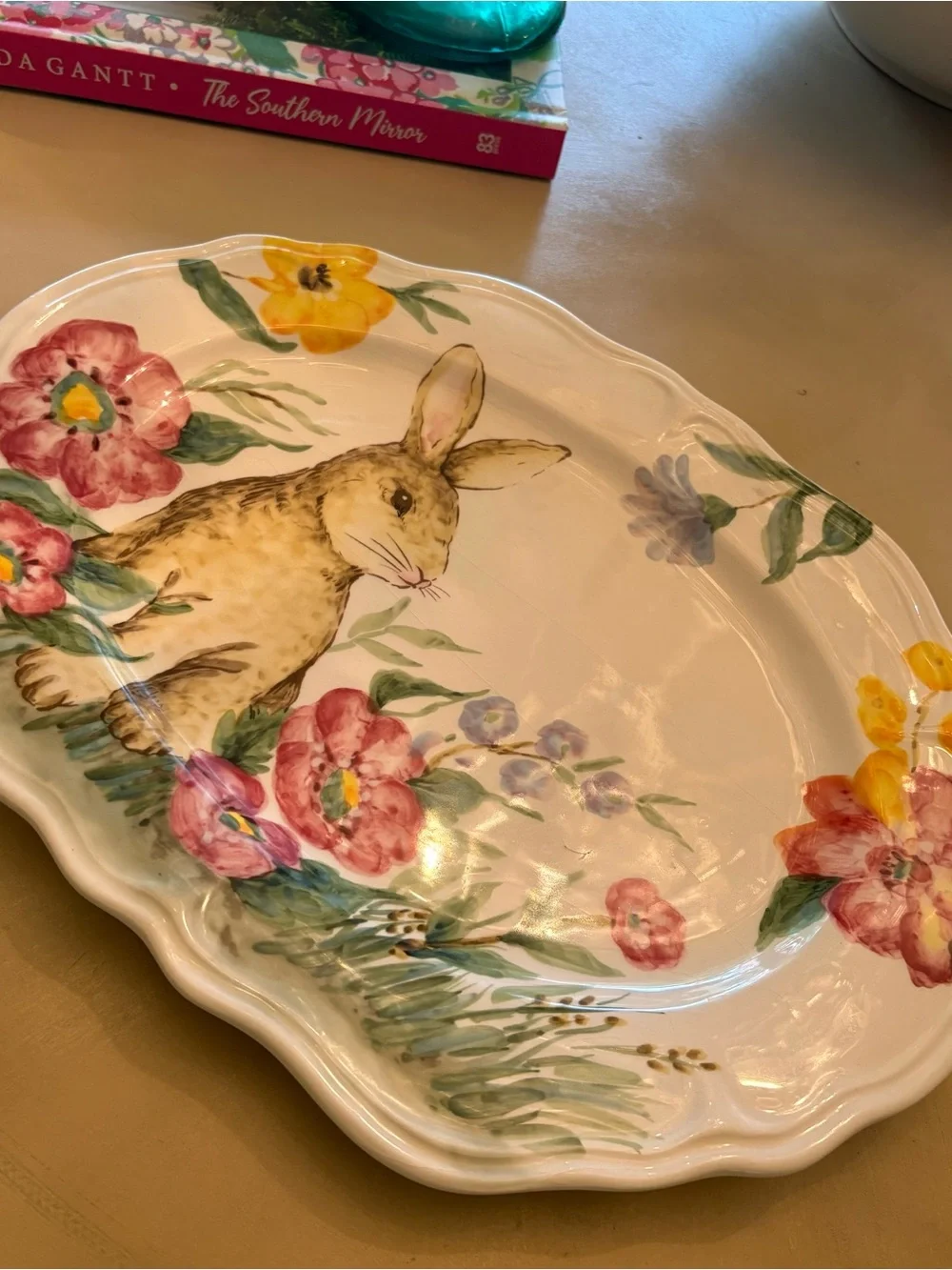 Floral Bunny Ceramic Serving Platter - White with Multicolor Floral Design